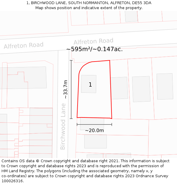 1, BIRCHWOOD LANE, SOUTH NORMANTON, ALFRETON, DE55 3DA: Plot and title map