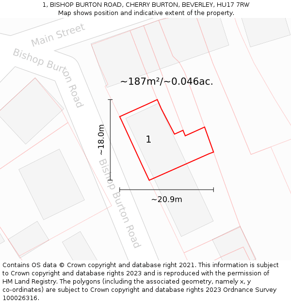 1, BISHOP BURTON ROAD, CHERRY BURTON, BEVERLEY, HU17 7RW: Plot and title map