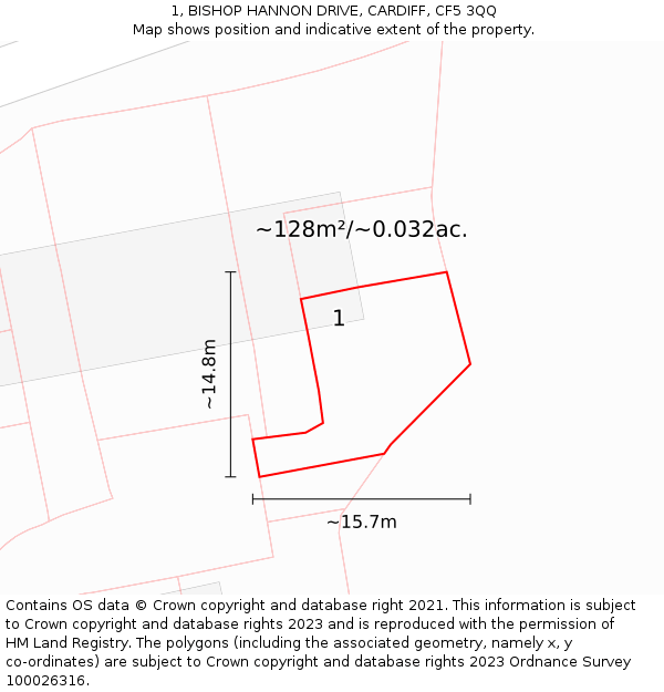 1, BISHOP HANNON DRIVE, CARDIFF, CF5 3QQ: Plot and title map
