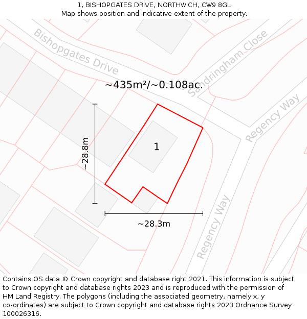 1, BISHOPGATES DRIVE, NORTHWICH, CW9 8GL: Plot and title map