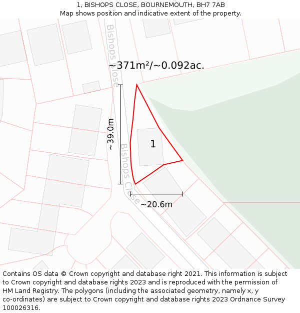 1, BISHOPS CLOSE, BOURNEMOUTH, BH7 7AB: Plot and title map