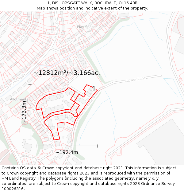 1, BISHOPSGATE WALK, ROCHDALE, OL16 4RR: Plot and title map