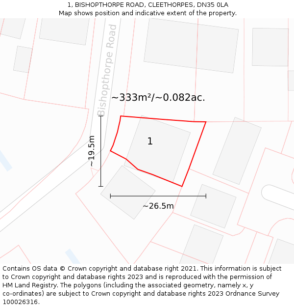 1, BISHOPTHORPE ROAD, CLEETHORPES, DN35 0LA: Plot and title map