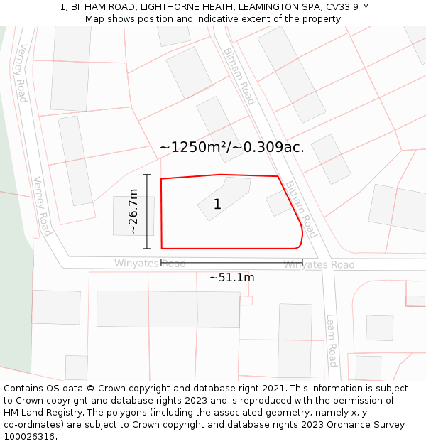 1, BITHAM ROAD, LIGHTHORNE HEATH, LEAMINGTON SPA, CV33 9TY: Plot and title map