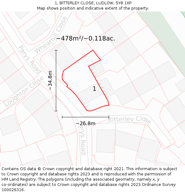 1, BITTERLEY CLOSE, LUDLOW, SY8 1XP: Plot and title map