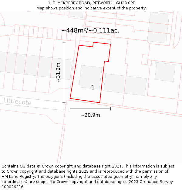 1, BLACKBERRY ROAD, PETWORTH, GU28 0PF: Plot and title map