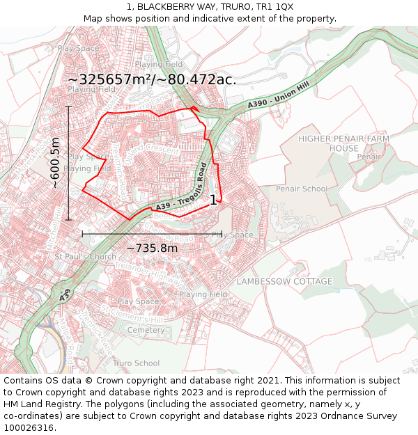 1, BLACKBERRY WAY, TRURO, TR1 1QX: Plot and title map