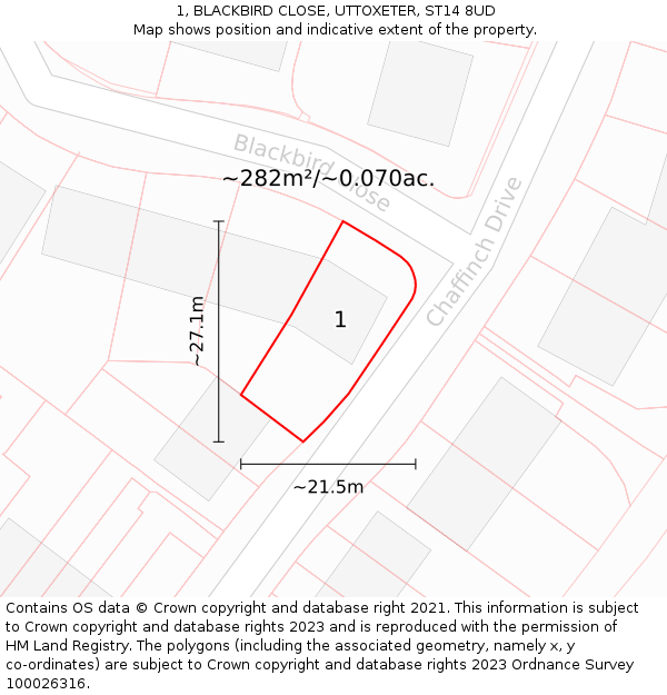 1, BLACKBIRD CLOSE, UTTOXETER, ST14 8UD: Plot and title map