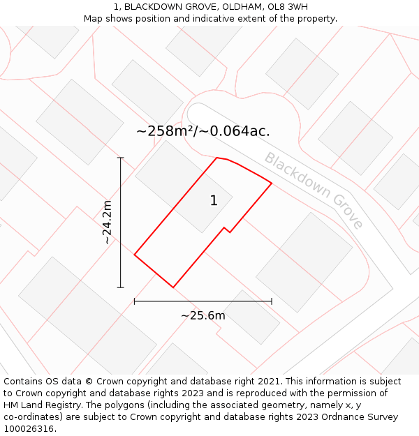 1, BLACKDOWN GROVE, OLDHAM, OL8 3WH: Plot and title map