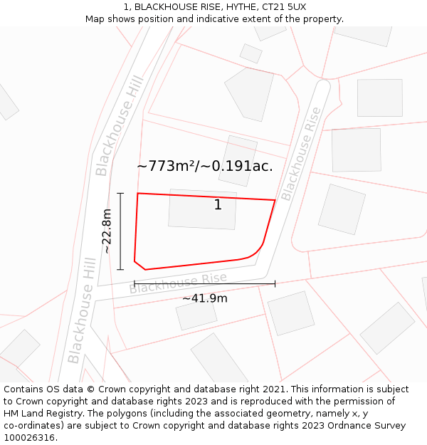1, BLACKHOUSE RISE, HYTHE, CT21 5UX: Plot and title map