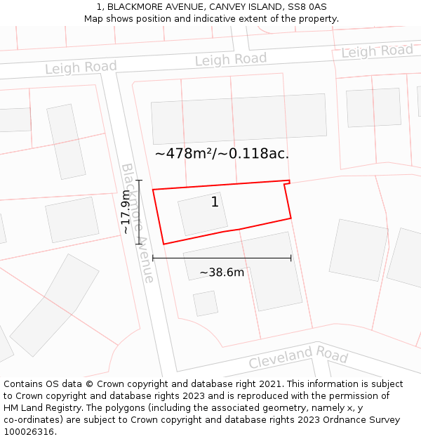 1, BLACKMORE AVENUE, CANVEY ISLAND, SS8 0AS: Plot and title map