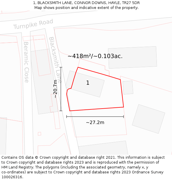 1, BLACKSMITH LANE, CONNOR DOWNS, HAYLE, TR27 5DR: Plot and title map