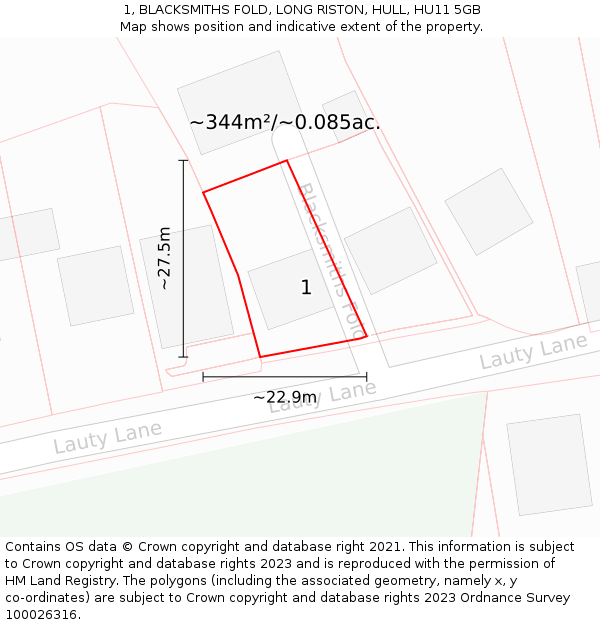 1, BLACKSMITHS FOLD, LONG RISTON, HULL, HU11 5GB: Plot and title map