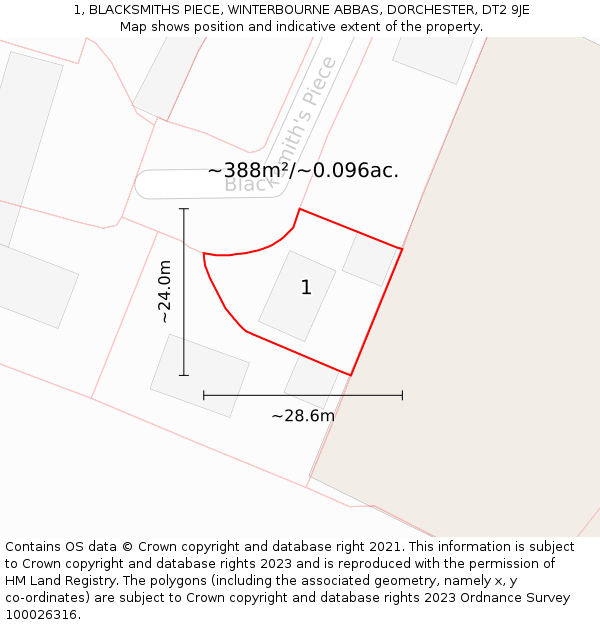 1, BLACKSMITHS PIECE, WINTERBOURNE ABBAS, DORCHESTER, DT2 9JE: Plot and title map