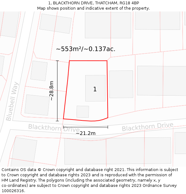 1, BLACKTHORN DRIVE, THATCHAM, RG18 4BP: Plot and title map