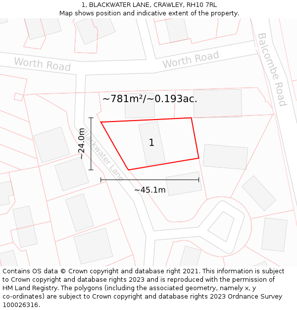 1, BLACKWATER LANE, CRAWLEY, RH10 7RL: Plot and title map