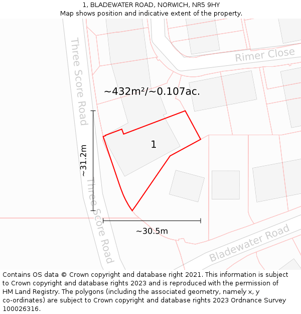1, BLADEWATER ROAD, NORWICH, NR5 9HY: Plot and title map