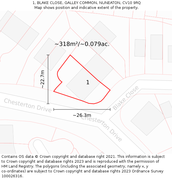 1, BLAKE CLOSE, GALLEY COMMON, NUNEATON, CV10 9RQ: Plot and title map