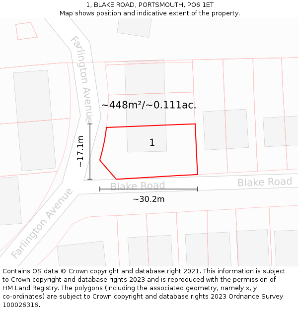 1, BLAKE ROAD, PORTSMOUTH, PO6 1ET: Plot and title map