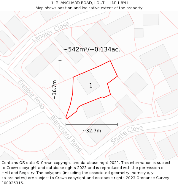 1, BLANCHARD ROAD, LOUTH, LN11 8YH: Plot and title map