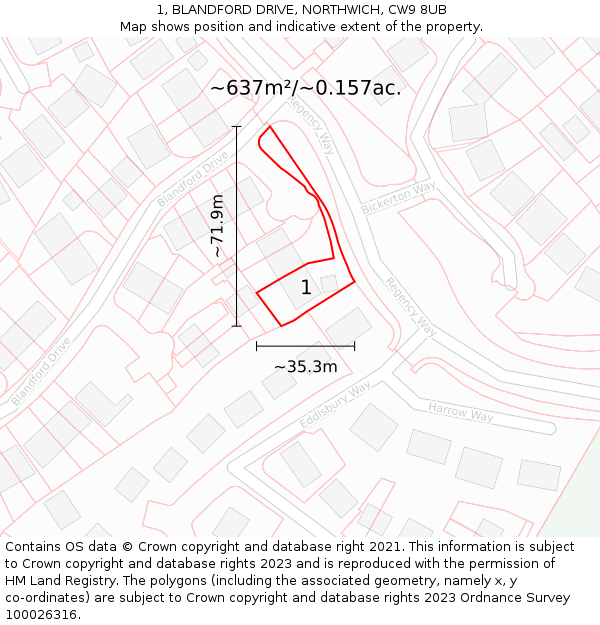 1, BLANDFORD DRIVE, NORTHWICH, CW9 8UB: Plot and title map