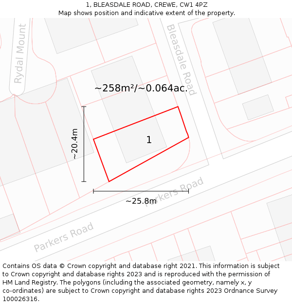 1, BLEASDALE ROAD, CREWE, CW1 4PZ: Plot and title map