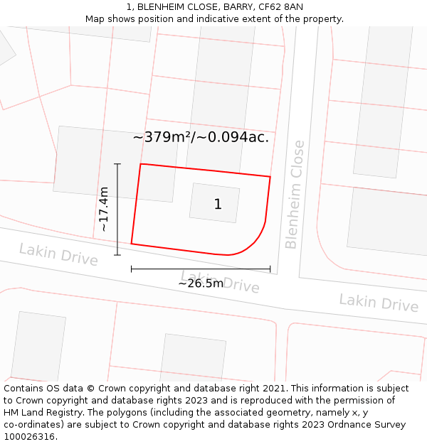 1, BLENHEIM CLOSE, BARRY, CF62 8AN: Plot and title map