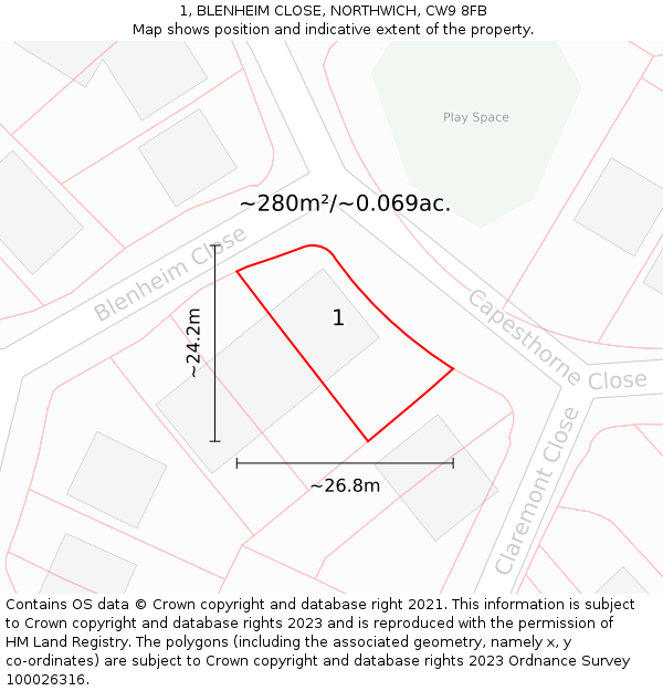 1, BLENHEIM CLOSE, NORTHWICH, CW9 8FB: Plot and title map