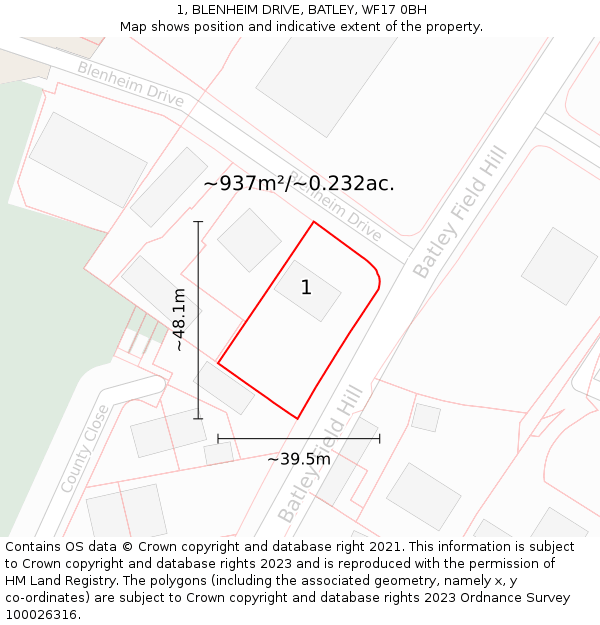 1, BLENHEIM DRIVE, BATLEY, WF17 0BH: Plot and title map