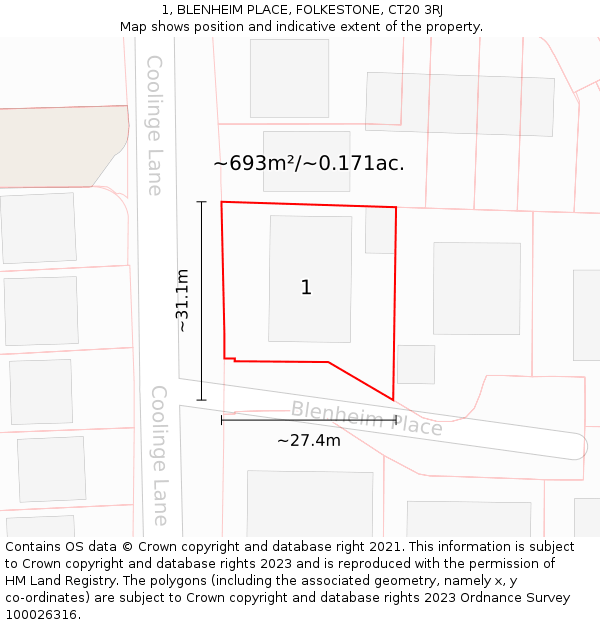 1, BLENHEIM PLACE, FOLKESTONE, CT20 3RJ: Plot and title map