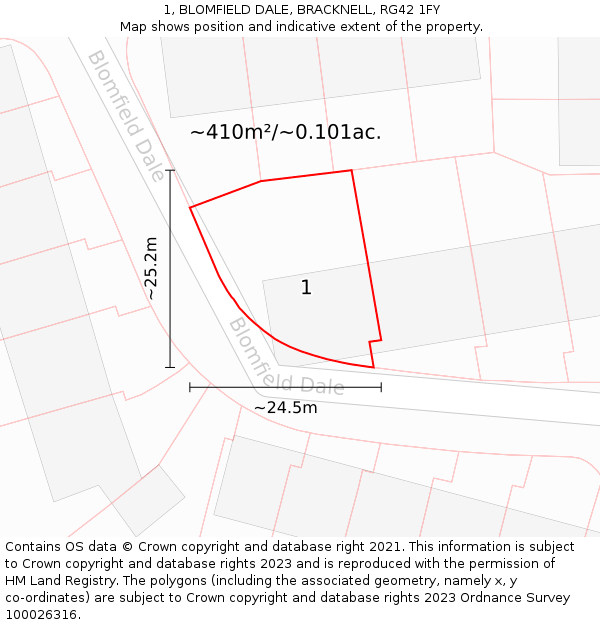 1, BLOMFIELD DALE, BRACKNELL, RG42 1FY: Plot and title map