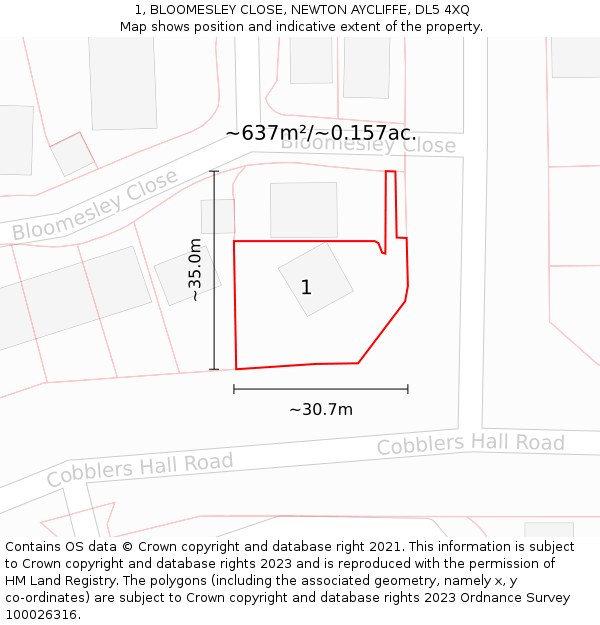 1, BLOOMESLEY CLOSE, NEWTON AYCLIFFE, DL5 4XQ: Plot and title map