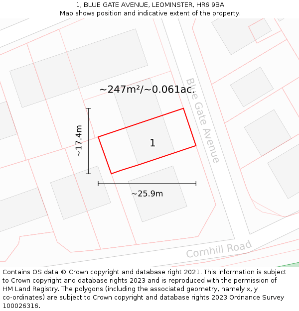 1, BLUE GATE AVENUE, LEOMINSTER, HR6 9BA: Plot and title map