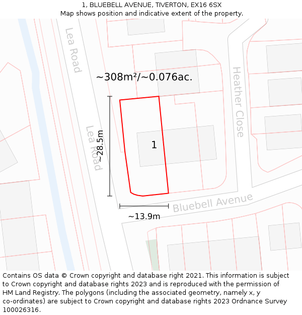 1, BLUEBELL AVENUE, TIVERTON, EX16 6SX: Plot and title map