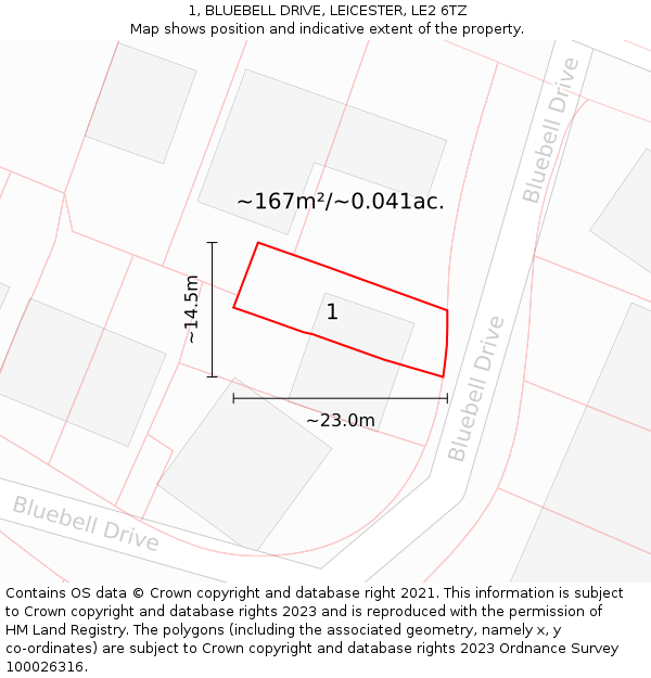 1, BLUEBELL DRIVE, LEICESTER, LE2 6TZ: Plot and title map