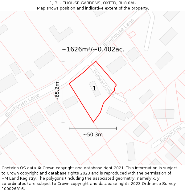 1, BLUEHOUSE GARDENS, OXTED, RH8 0AU: Plot and title map