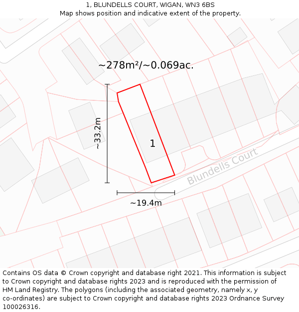 1, BLUNDELLS COURT, WIGAN, WN3 6BS: Plot and title map