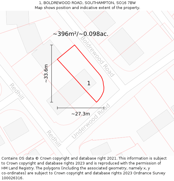 1, BOLDREWOOD ROAD, SOUTHAMPTON, SO16 7BW: Plot and title map