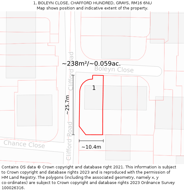 1, BOLEYN CLOSE, CHAFFORD HUNDRED, GRAYS, RM16 6NU: Plot and title map