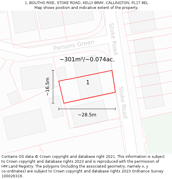 1, BOLITHO RISE, STOKE ROAD, KELLY BRAY, CALLINGTON, PL17 8EL: Plot and title map