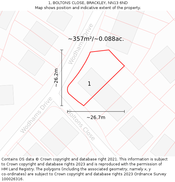 1, BOLTONS CLOSE, BRACKLEY, NN13 6ND: Plot and title map