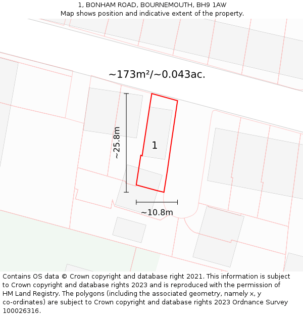 1, BONHAM ROAD, BOURNEMOUTH, BH9 1AW: Plot and title map