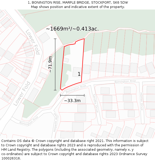 1, BONINGTON RISE, MARPLE BRIDGE, STOCKPORT, SK6 5DW: Plot and title map