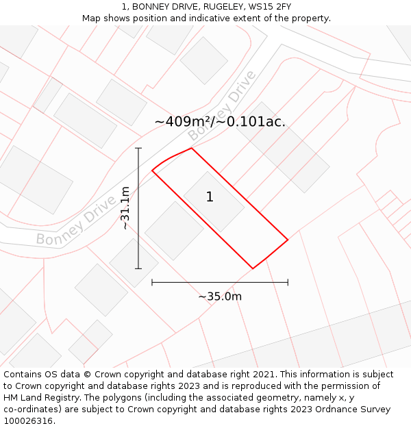 1, BONNEY DRIVE, RUGELEY, WS15 2FY: Plot and title map