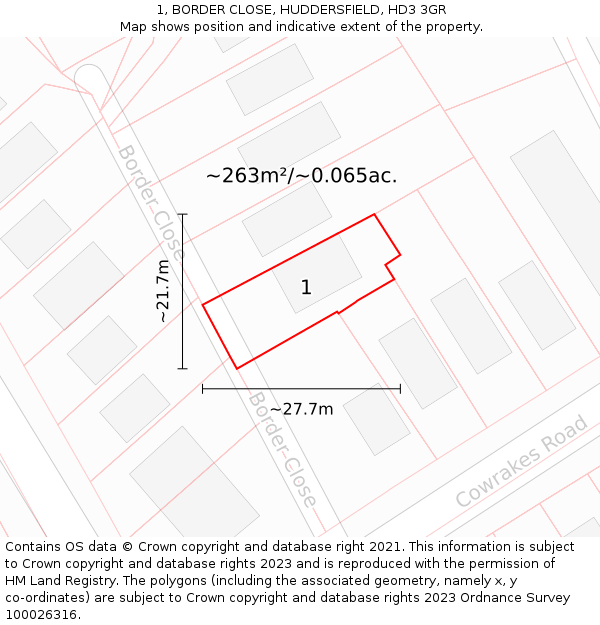 1, BORDER CLOSE, HUDDERSFIELD, HD3 3GR: Plot and title map