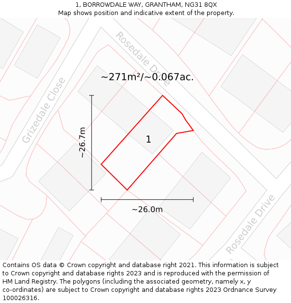 1, BORROWDALE WAY, GRANTHAM, NG31 8QX: Plot and title map