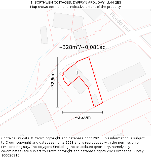 1, BORTHWEN COTTAGES, DYFFRYN ARDUDWY, LL44 2ES: Plot and title map