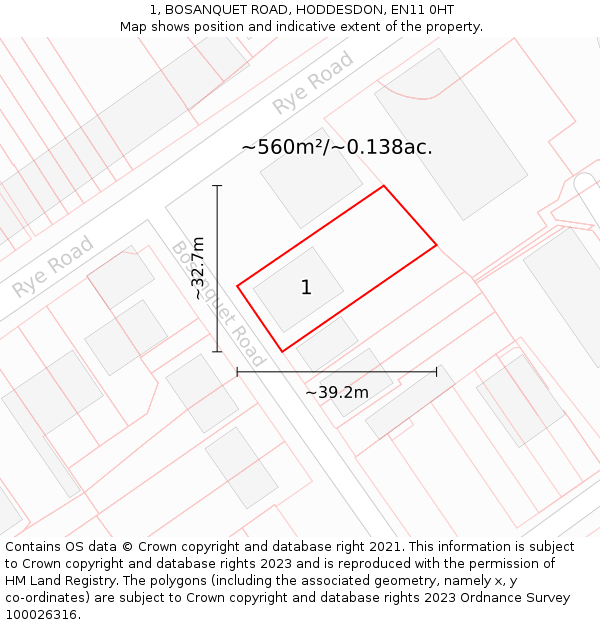 1, BOSANQUET ROAD, HODDESDON, EN11 0HT: Plot and title map