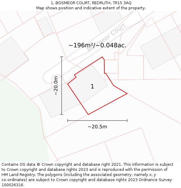 1, BOSMEOR COURT, REDRUTH, TR15 3AQ: Plot and title map