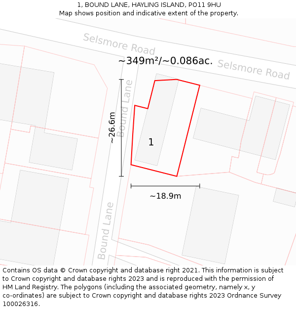 1, BOUND LANE, HAYLING ISLAND, PO11 9HU: Plot and title map